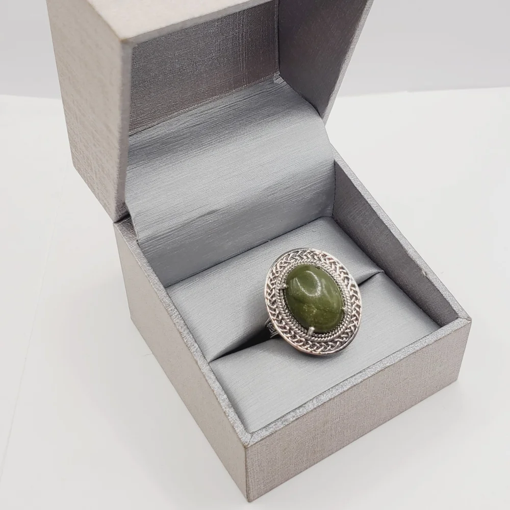 7 Carat Connemara Green Marble 925 Sterling Silver Statement Ring